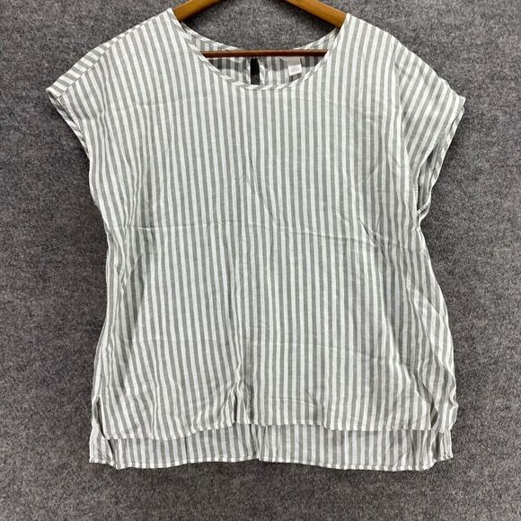 5/$45 Caslon Blouse Women L Large Gray Striped Short Sleeve Linen Crew Neck - Picture 4 of 9